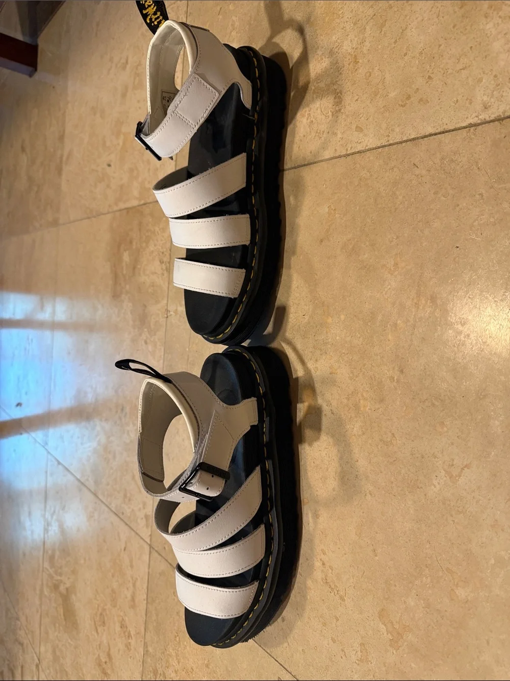 Dr. Martens White Triple-Strap Platform Sandals with Yellow Stitching